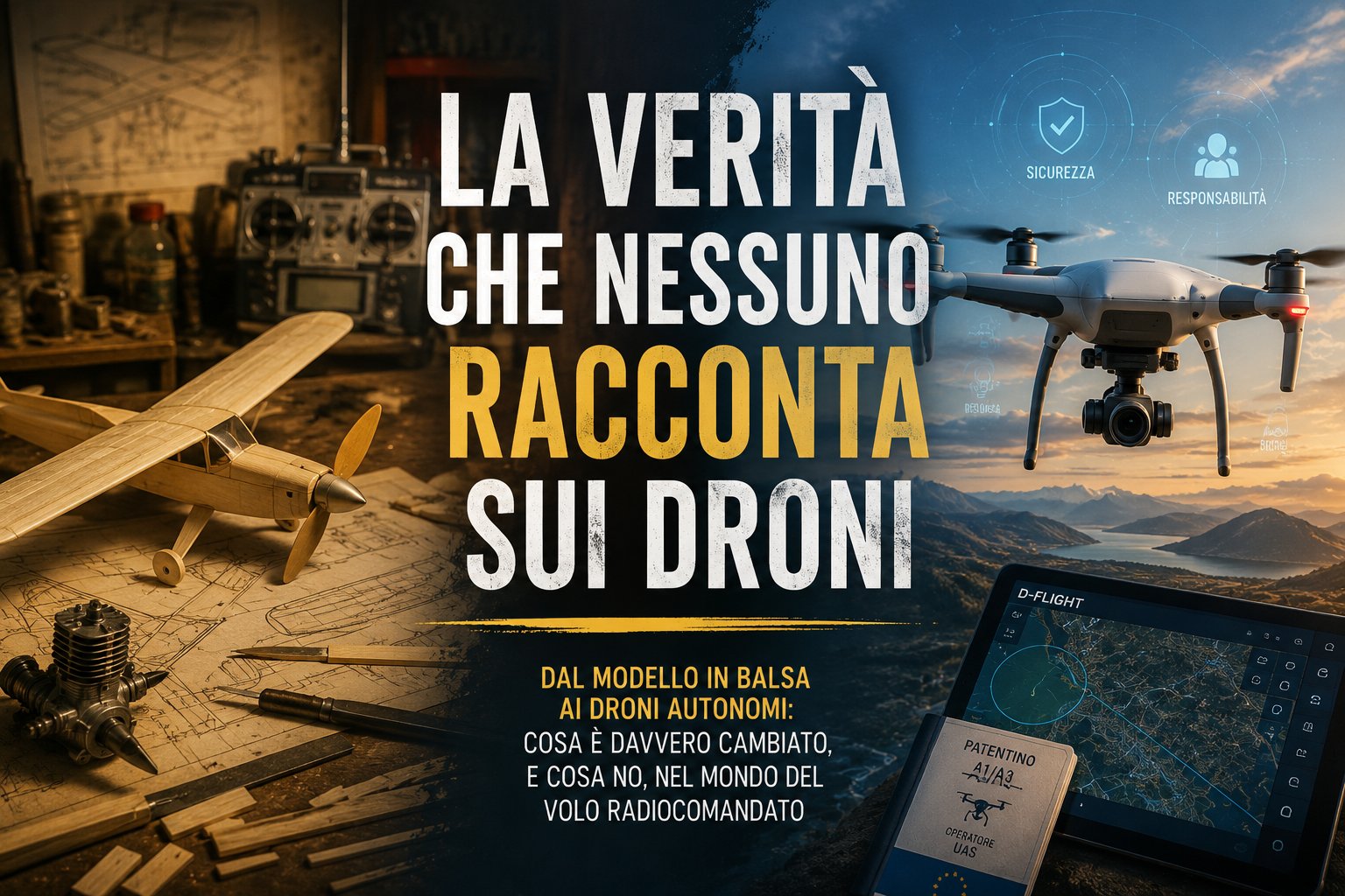 Aeromodello in balsa e drone moderno