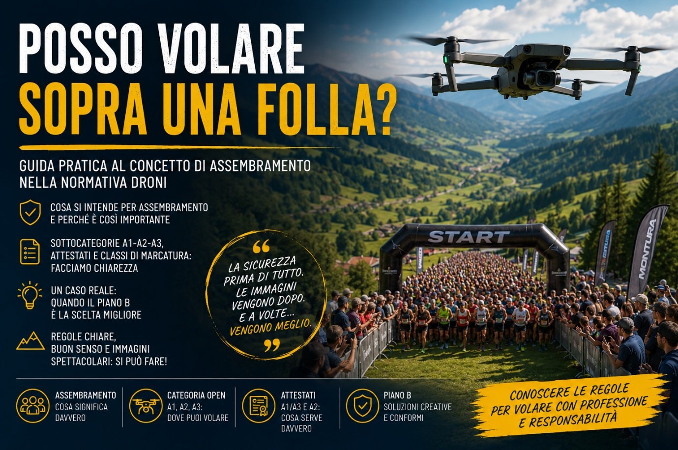 Drone in volo durante una gara di corsa in montagna