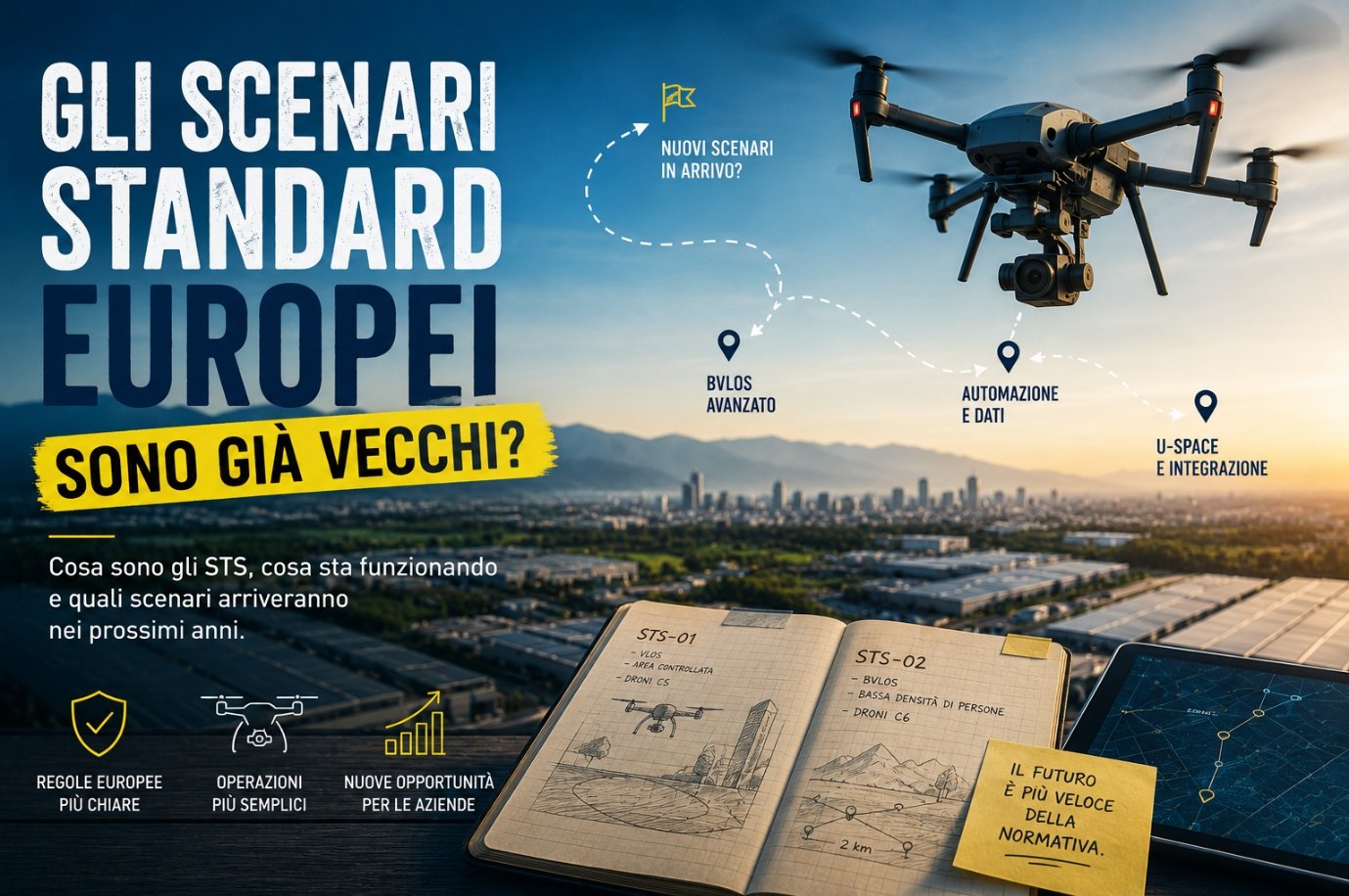 Infografica sugli Scenari Standard Europei STS-01 e STS-02 con drone professionale