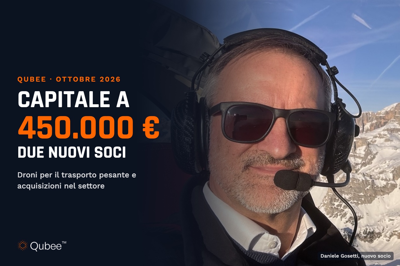 Daniele Gosetti, nuovo socio di Qubee, in volo in elicottero sulle Dolomiti. Titolo: capitale a 450.000 euro, due nuovi soci
