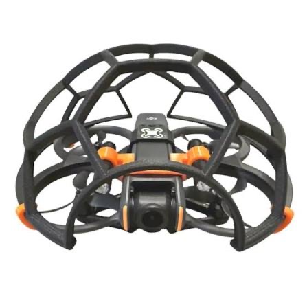 Drone racchiuso nella gabbia protettiva, con telecamera e illuminazione frontale